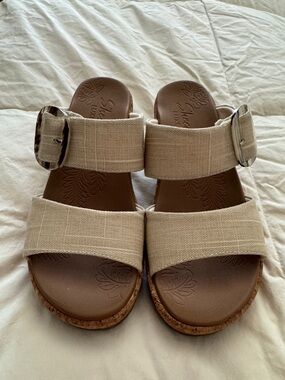 Skechers Women's Cream Two-Strap Slide Sandals with Decorative Buckles